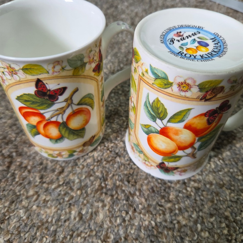 Roy Kirkham Prunus Fine Bone China Mugs Set of 2 Apricot Butterfly England
